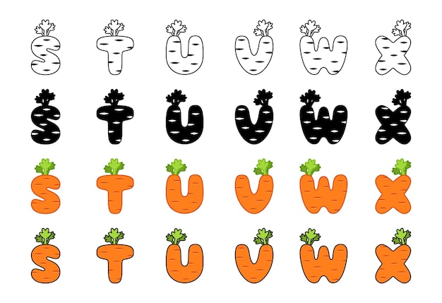 Alfabeto de cenoura em estilo cartoon
