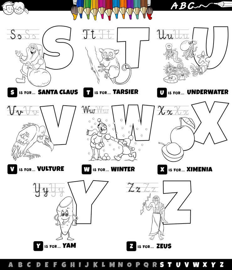 Vetor alfabeto de desenho animado educacional definido da página do livro para colorir de s a z