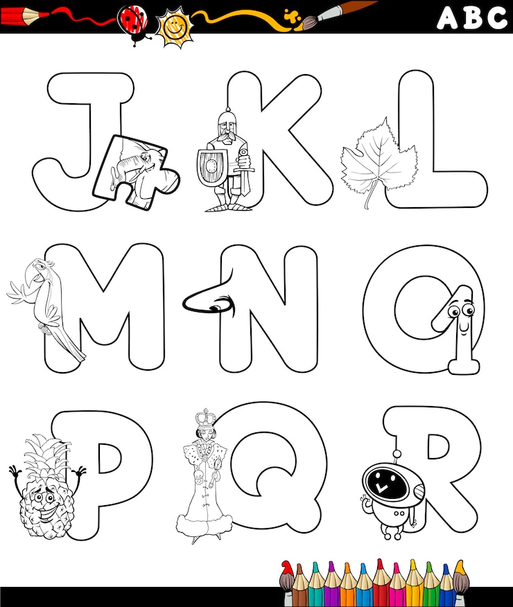 Vetor alfabeto de desenhos animados para colorir