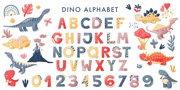 Alfabeto de dinossauro bonito dos desenhos animados. Fonte Dino com letras e números. Ilustração em vetor de crianças para camisetas, cartões, pôsteres, eventos de festa de aniversário, design de papel, design de crianças e berçário