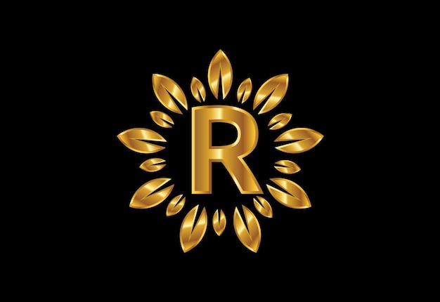 Vetor alfabeto de letra inicial do monograma r com coroa de folhas douradas. conceito de design de logotipo de flor