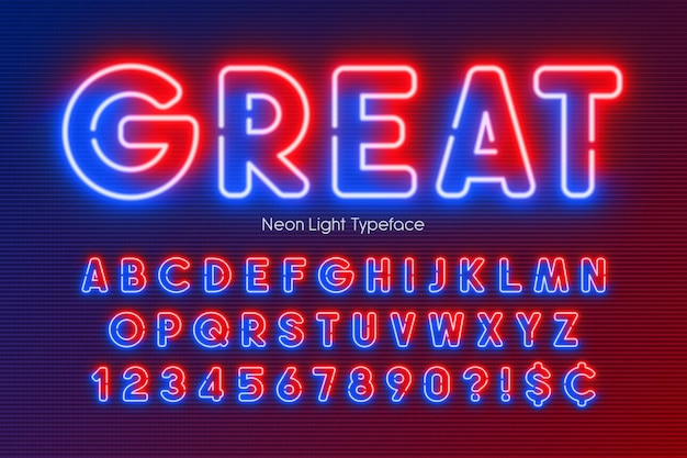 Alfabeto de luz de neon, fonte brilhante extra multicolorida.