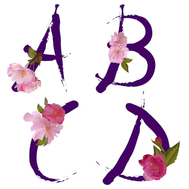 Alfabeto de primavera de caligrafia de tinta vetorial com flores de cerejeira sakura letras abcd