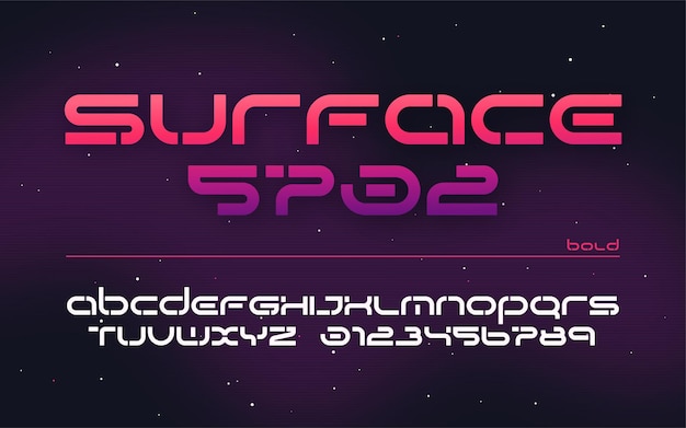 Alfabeto de tecnologia futurista de ficção científica, letras maiúsculas e números.