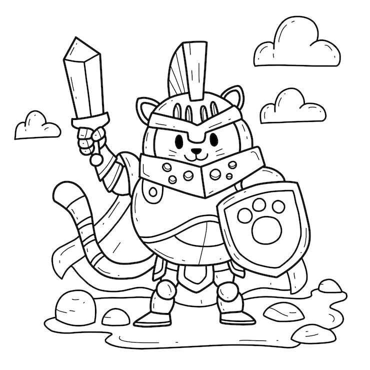 Vetor alfabeto do livro de colorir do cavaleiro do gato dos desenhos animados isolado no fundo branco