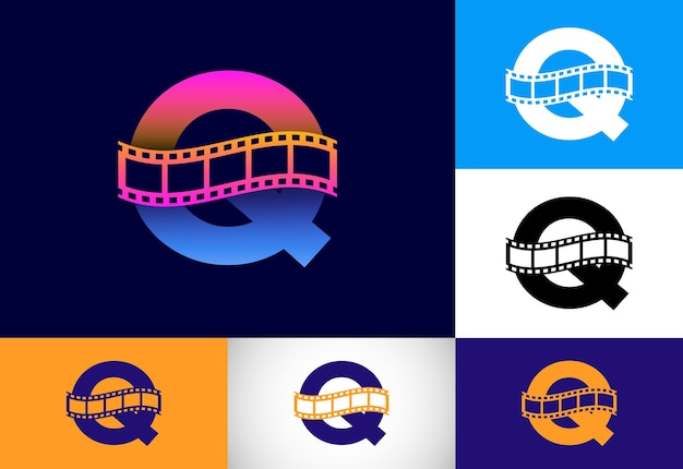 Vetor alfabeto do monograma inicial q incorporado ao carretel de filme conceito de logotipo de vídeo e filme emblema de fonte logotipo para o negócio de entretenimento e identidade da empresa