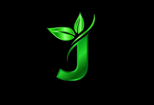 Alfabeto do monograma J inicial com duas folhas. Conceito de logotipo ecológico verde. Logo para ecológico