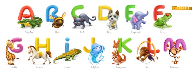 Alfabeto do zoológico. animais engraçados, conjunto de ícones 3d. letras a - m. jacaré, abelha, gato, cachorro, elefante, sapo, girafa, cavalo, iguana, água-viva, canguru, leão, macaco.