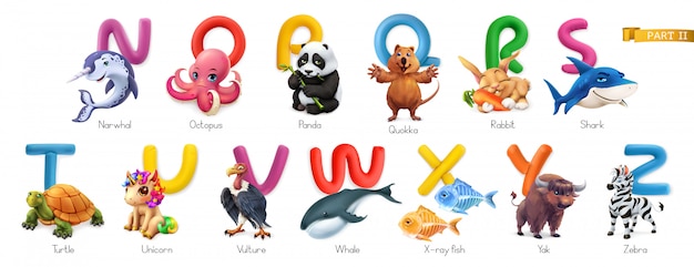 Alfabeto do zoológico. Animais engraçados, conjunto de ícones 3d. Letras N - Z. Narval, polvo, anda, quokka, coelho, tubarão, tartaruga, unicórnio, abutre, baleia, peixe de raio-x, iaque, zebra