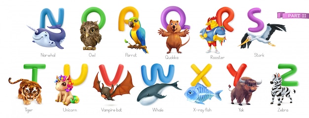 Alfabeto do zoológico. Animais engraçados, conjunto de ícones 3d. Letras N - Z. Narwhal, coruja, cenoura, quokka, galo, cegonha, tigre, unicórnio, morcego-vampiro, baleia, peixe de raio-x, iaque, zebra