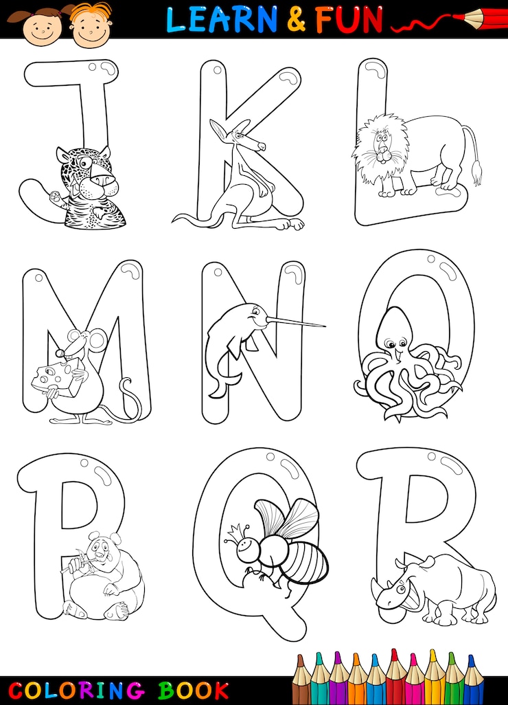 Vetor alfabeto dos desenhos animados com animais para colorir