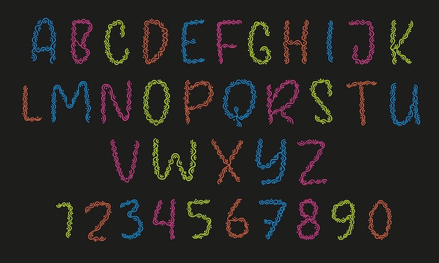Alfabeto e números decorados coloridos das linhas