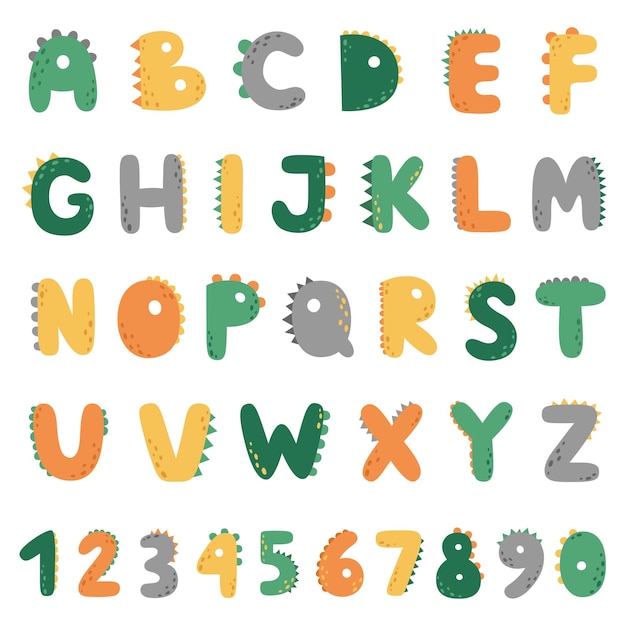 Vetor alfabeto e números engraçados de dino. letras maiúsculas no estilo dos dinossauros
