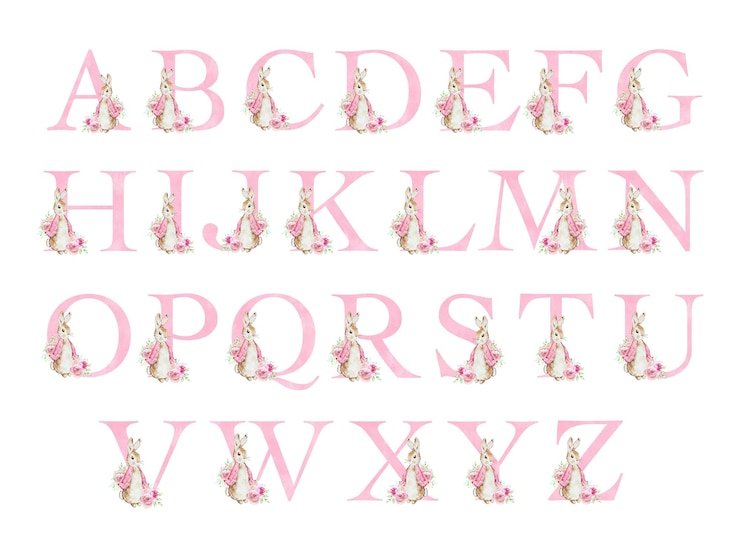 Vetor alfabeto em aquarela com flopsy rabbit rosa