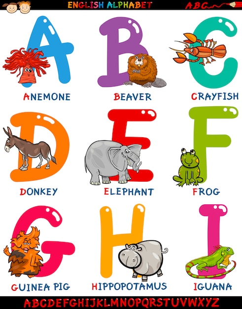 alfabeto em inglês de desenhos animados com animais
