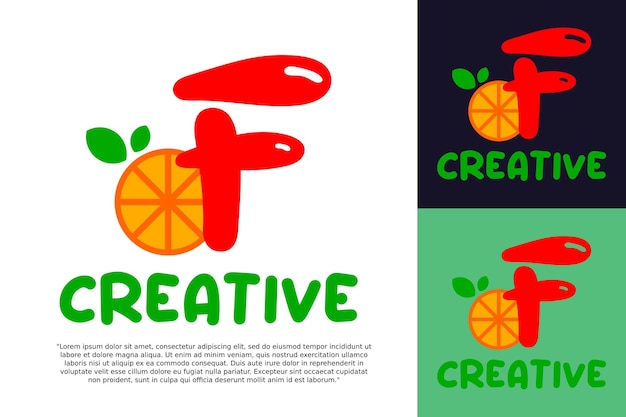 Vetor alfabeto f logotipo e frutas cítricas frescas em estilo moderno