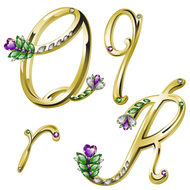 Alfabeto floral brilhante de ouro vetorial com letras de diamantes e gemas QR
