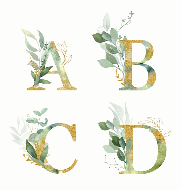 Alfabeto floral, conjunto de letras-a, b, c, d com aquarela verde e folha de ouro.