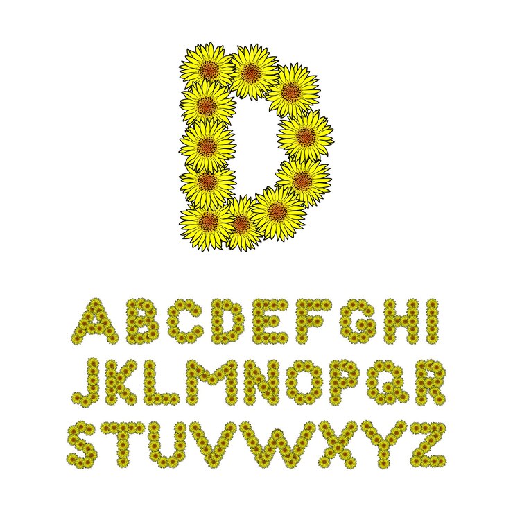 Alfabeto floral de flor de girassol desenhado à mão para letras
