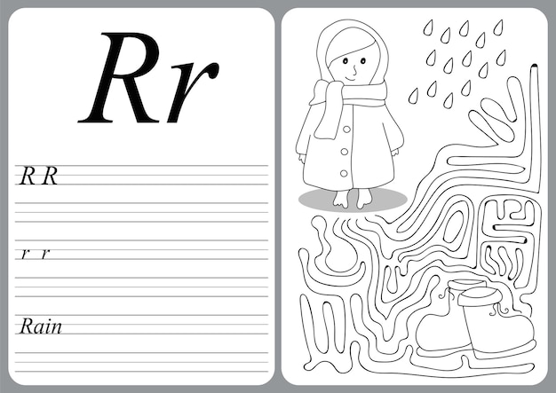 Alfabeto ilustrado vetorial com jogo educacional infantil para aprender a caligrafia com nível de jogo fácil para crianças pré-escolares r - chuva