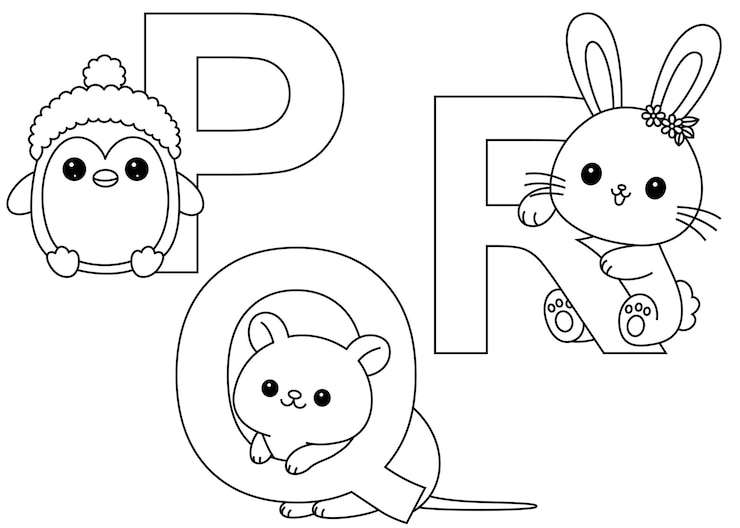 Vetor alfabeto inglês com animais bonitos em estilo de desenho animado página de coloração para crianças
