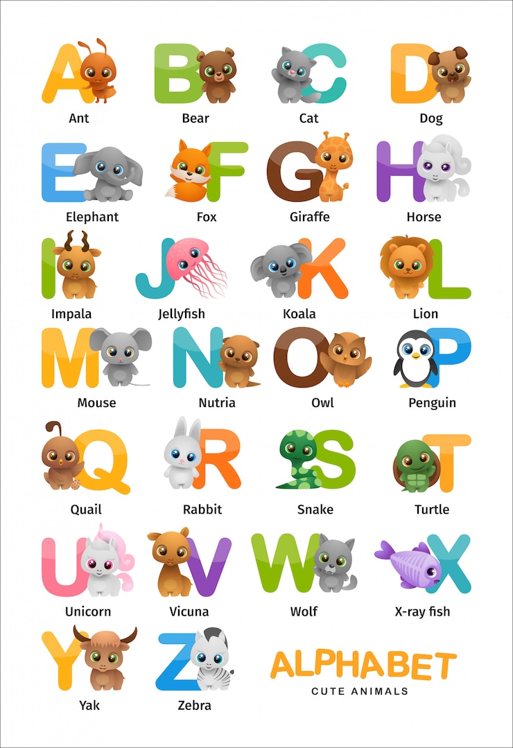 Alfabeto inglês de animais fofos