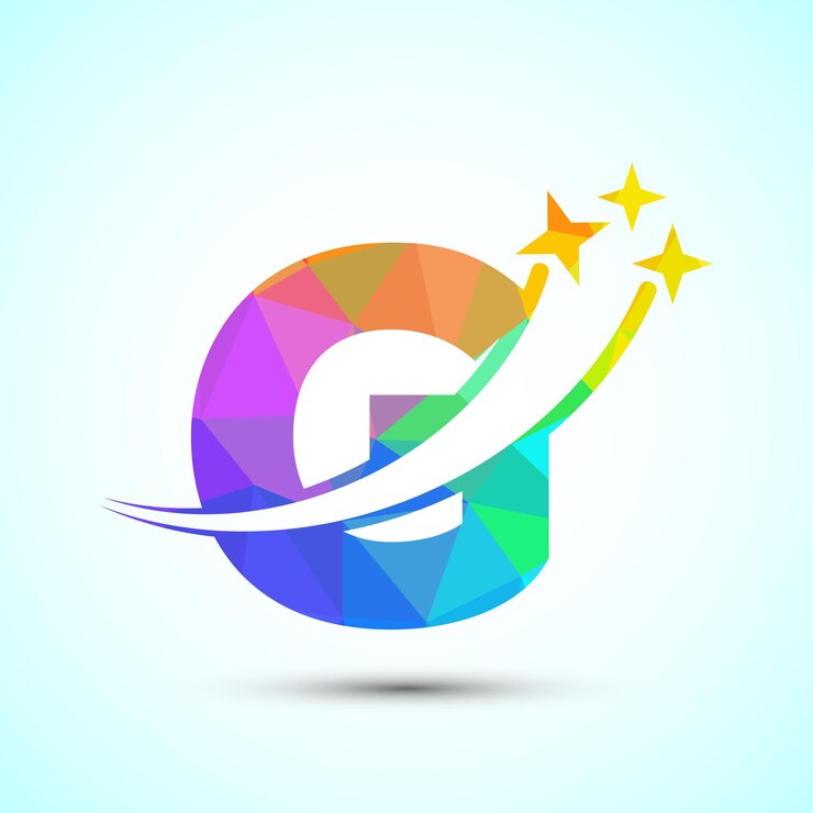 Alfabeto inglês G com swoosh e sinal de estrela Template de design de logotipo de estrela atiradora estilo low poly