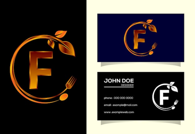 Alfabeto inicial do monograma f com uma colher de garfo e folha logotipo de comida natural saudável logotipo para café