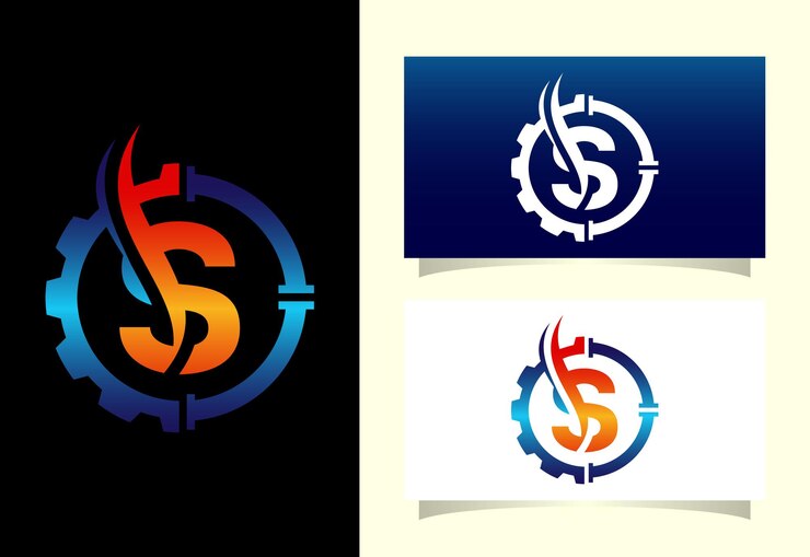 Alfabeto inicial do monograma S com tubo de engrenagem e chama Conceito de logotipo de petróleo e gás Emblema de fonte