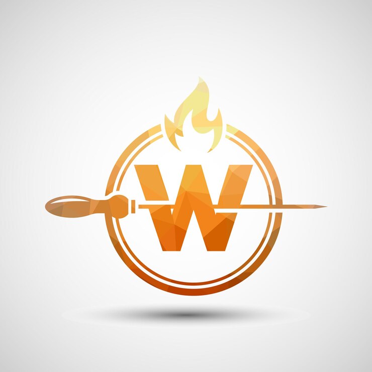Vetor alfabeto inicial w com um espeto e chama de fogo low poly desenho de logotipo para barbecue seekh kebab etc.