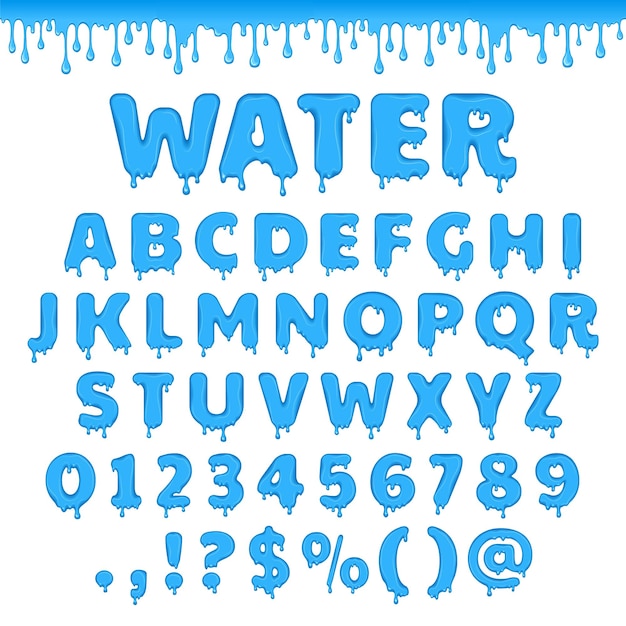 Vetor alfabeto latino de água doce abc conjunto de letras vetoriais com respingo de líquido azul ou números aqua claros e símbolos isolados em fundo branco