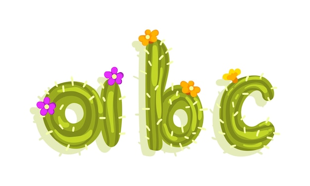 Alfabeto latino de cactus verde com flores florescentes Conjunto vetorial