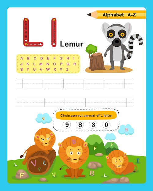 Alfabeto letra l lemur exercício com vetor de ilustração de vocabulário de desenho animado