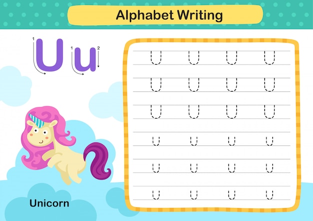 Alfabeto letra u-unicórnio exercício com ilustração de vocabulário dos desenhos animados