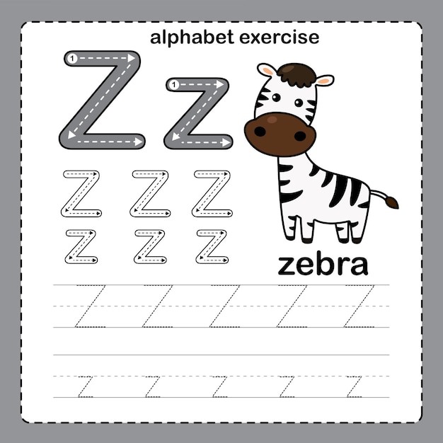 Alfabeto letra z zebra exercício com vetor de ilustração de vocabulário de desenho animado