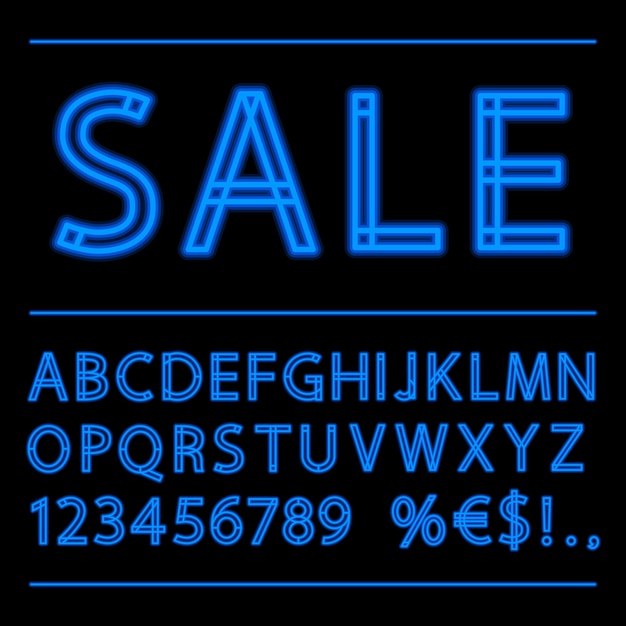 Vetor alfabeto linear neon azul e banner de venda. letras, números e símbolos vetoriais. traçado editável para personalização e design de movimento