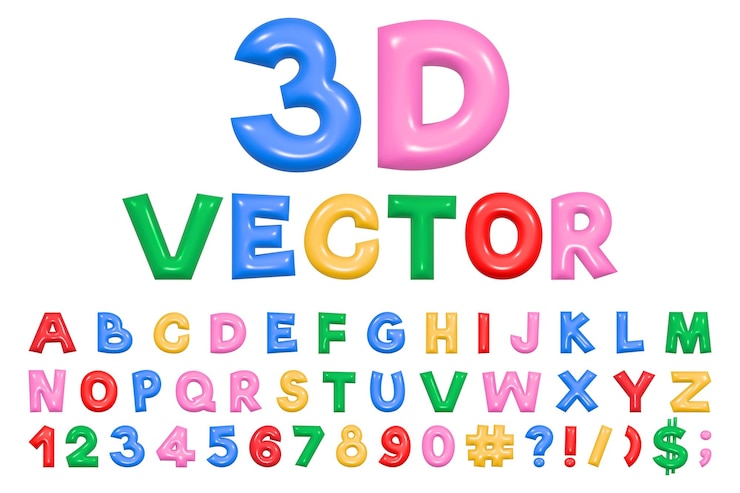 Vetor alfabeto lúdico multicolorido no estilo y2k renderização 3d de letras gordinhas