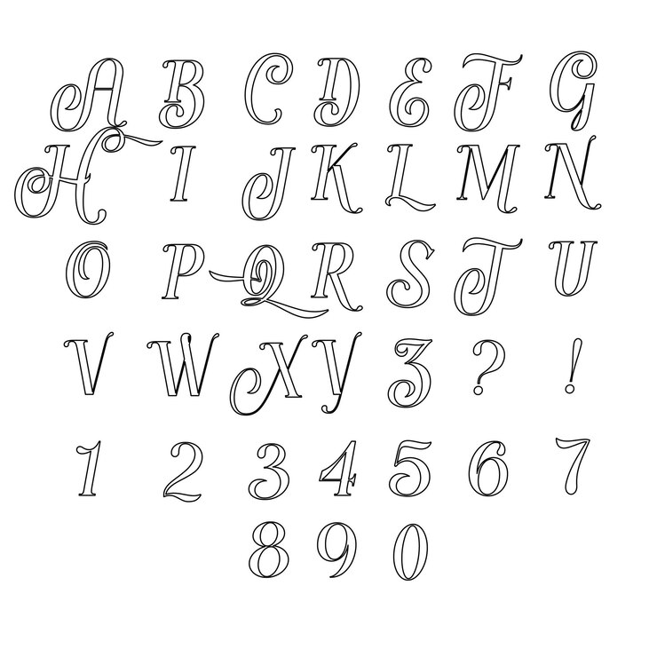 Vetor alfabeto manuscrito clássico inglês com números de estilo de linha ilustração vetorial