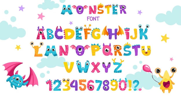 Vetor alfabeto monstro conjunto de números e caracteres de letras fofas e kawaii para design de convite de bebê