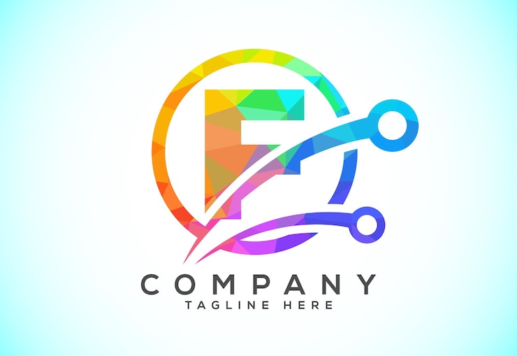 Vetor alfabeto poligonal baixo poli f em um círculo com símbolo de sinal de tecnologia conceito de design de logotipo de tecnologia
