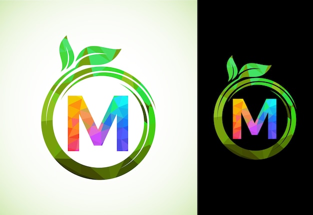 Alfabeto poligonal m em espiral com folhas verdes símbolo de sinal de ícone de natureza formas geométricas estilo design de logotipo para negócios de saúde fazenda de natureza e identidade da empresa