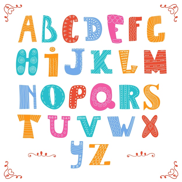 Alfabeto vetorial bonito isolado em fundo branco Letras desenhadas à mão Desenho alfabético em um estilo colorido