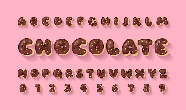 Vetor alfabeto vetorial de donuts de chocolate padaria doce fonte saborosa letras e números castanhos chocolate