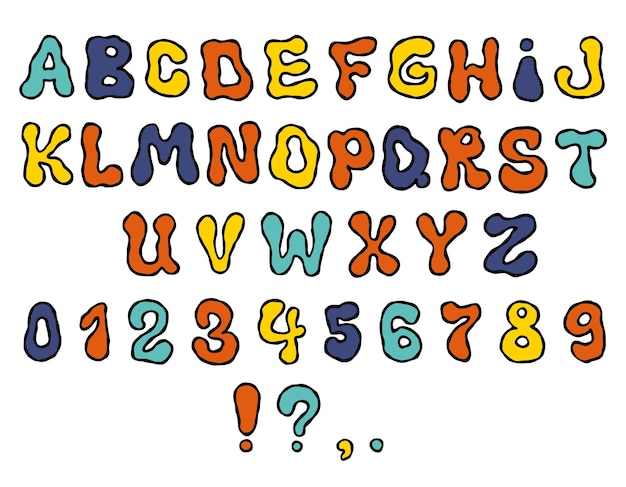 Vetor alfabeto vetorial de estilo groovy alfabeto hippie líquido dos anos 70 em fundo branco