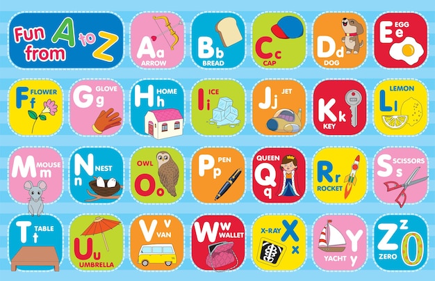 Alfabetos e ilustração de letras com design de fundo azul bonito para a educação de crianças