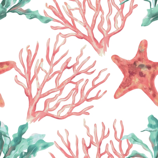 Algas marinhas corais rosas estrelas de mar padrão marinho sem costura aquacolo cobertura tecido papel de embrulho papel de parede