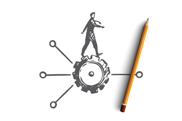 Algoritmo, dados, usuário, elemento, conceito de software. Mão desenhada homem na roda dentada e esboço do conceito de esquema.