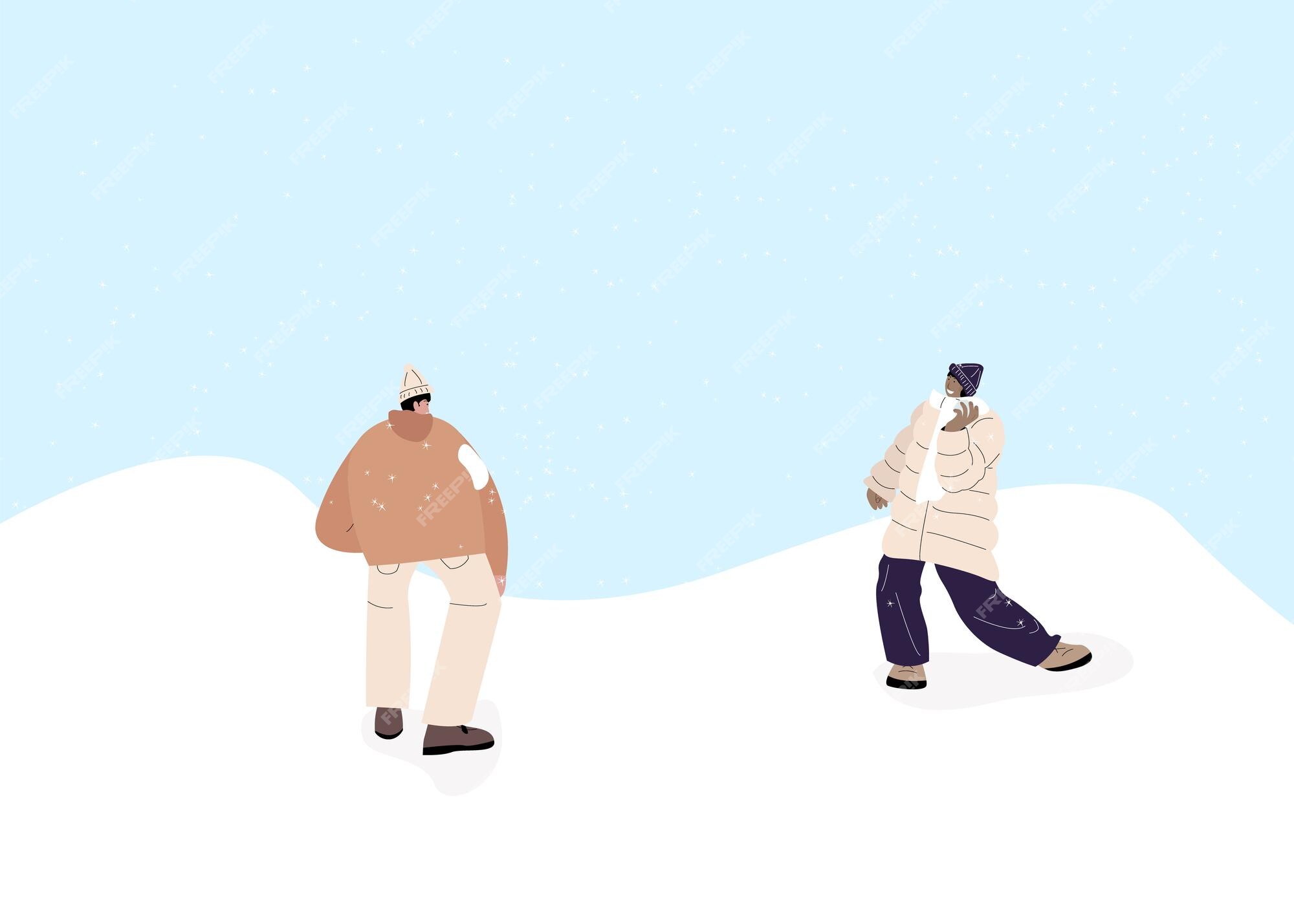 Algumas pessoas jogam um jogo divertido de bolas de neve na ilustração  vetorial de paisagem de neve de inverno personagens de amigos de desenho  animado brincando ao ar livre, aproveitando o clima