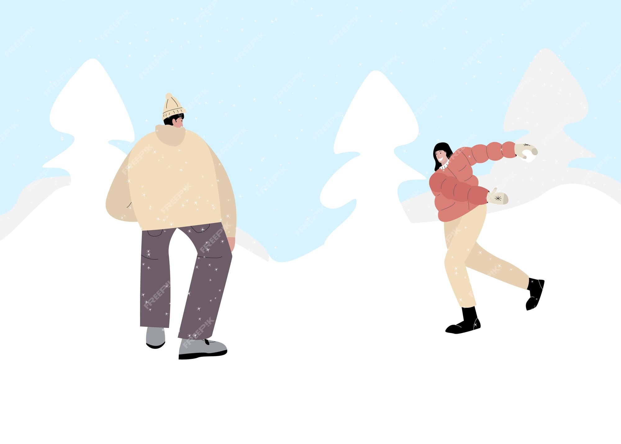 mulher e um homem jogam um jogo divertido de bolas de neve na ilustração  vetorial de paisagem de neve de inverno. personagens de amigos de desenho  animado brincando ao ar livre, aproveitando o clima frio. conceito de  atividade saudável de inverno