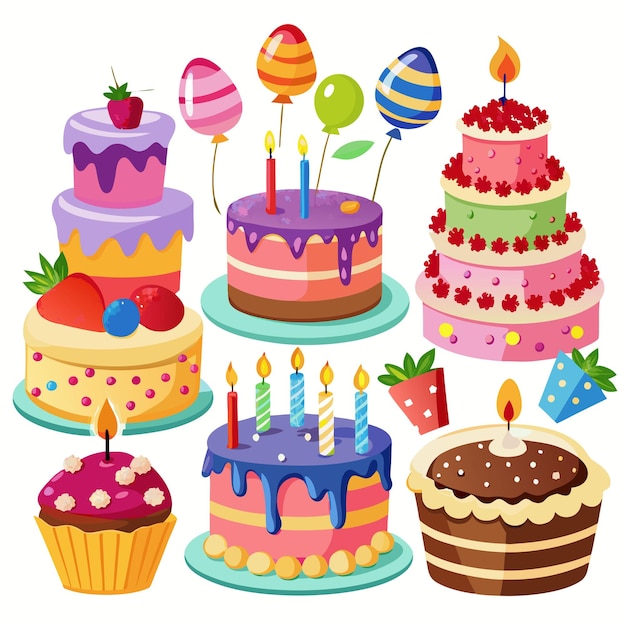 algumas variações são ilustradas com fundo branco com um bolo de aniversário